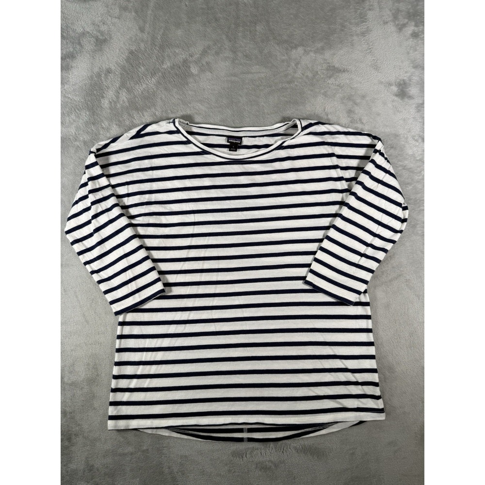 Patagonia Shirt Womens Large White Blue Striped Shallow Seas 3/4 Sleeve top